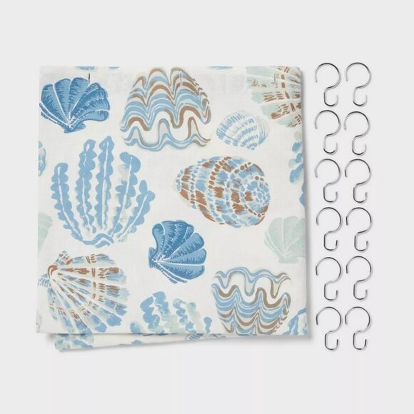 Threshold Coastal Blue Seashells Print Shower Curtain w 12 Chrome Finish S Hooks - Picture 2 of 7